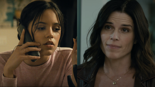 Jenna Ortega and Neve Campbell in Scream, side by side.