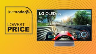An LG TV on a yellow background