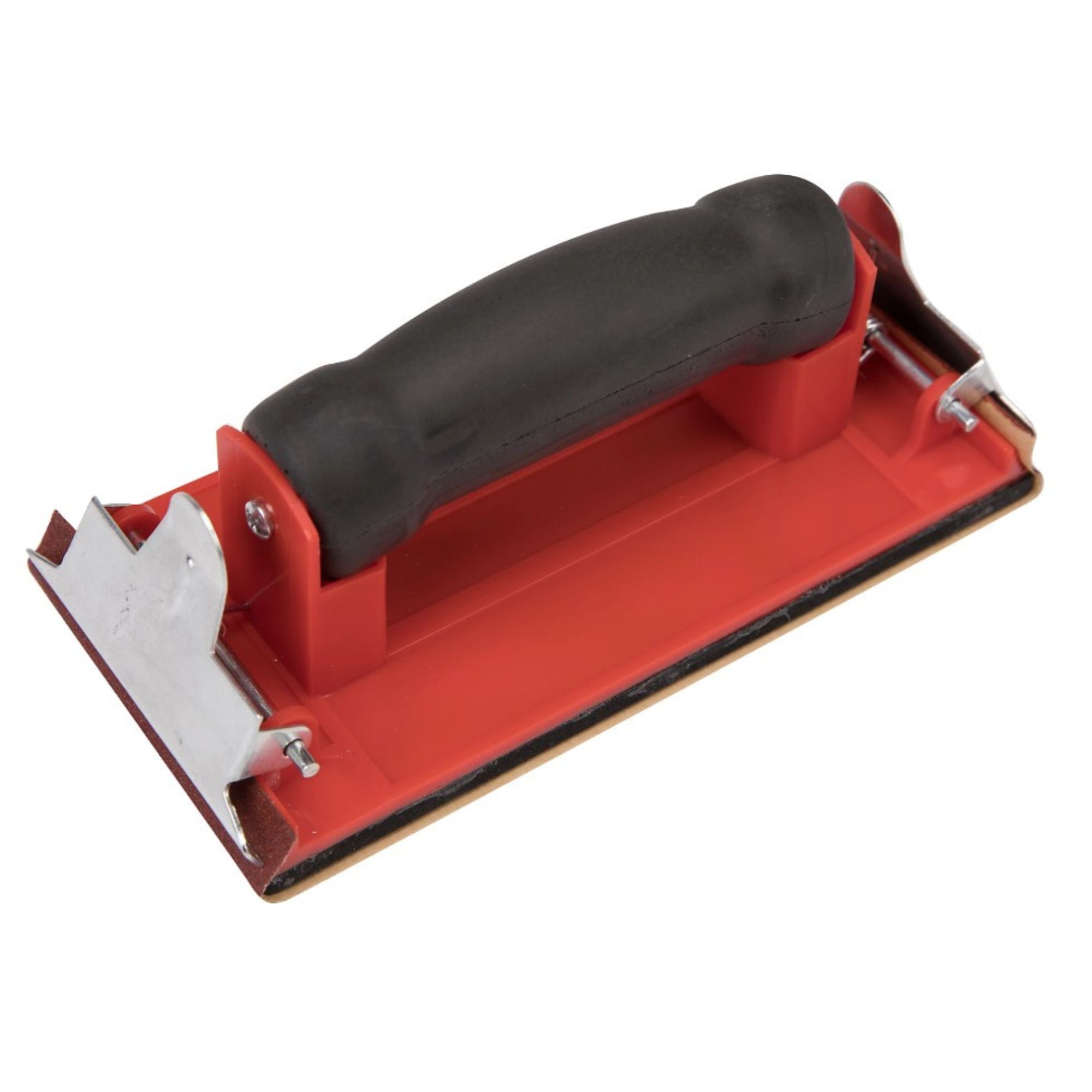 Red hand sander tool on a white background