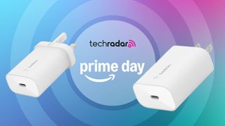 Belkin BoostCharge 25W Wall Charger with PPS on multicolored background with the words 'TechRadar: Prime Day' positioned in the center
