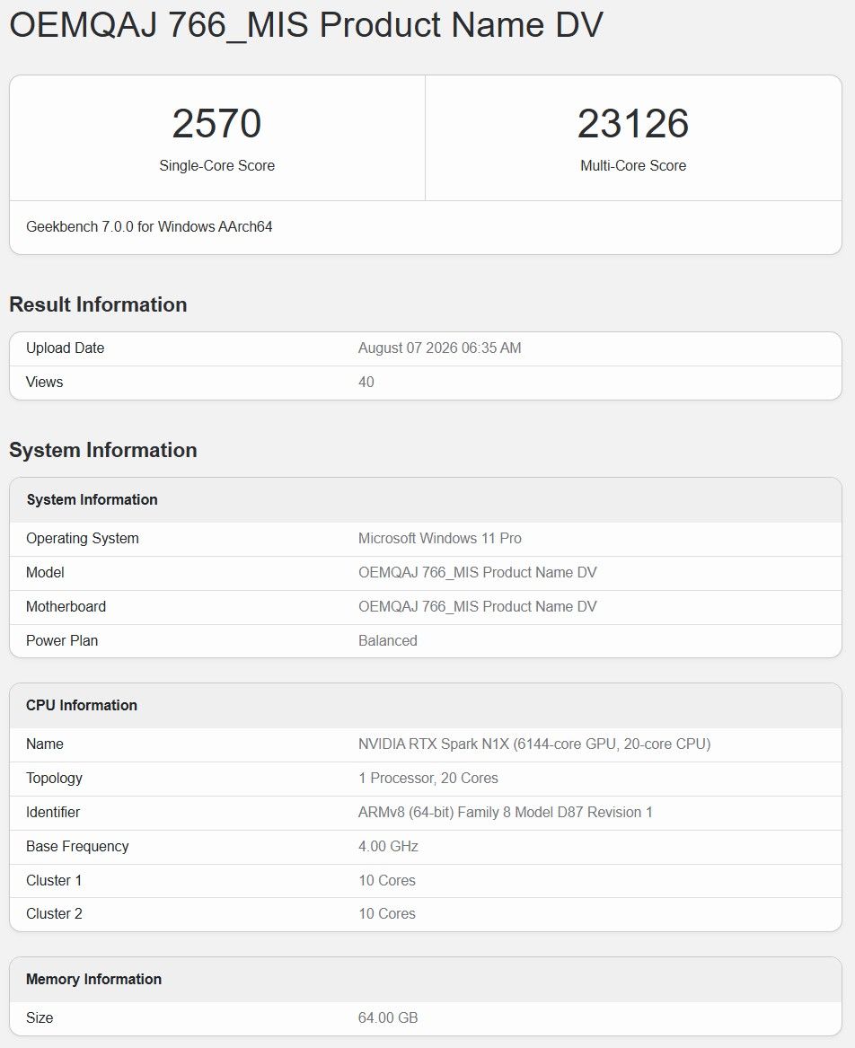 RTX Spark Superchip Geekbench listing