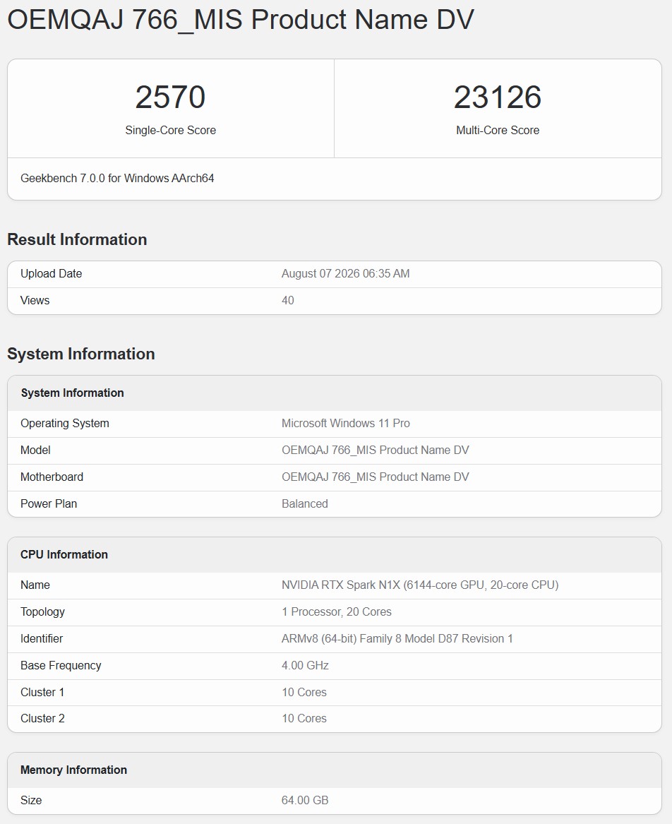 RTX Spark Superchip Geekbench listing