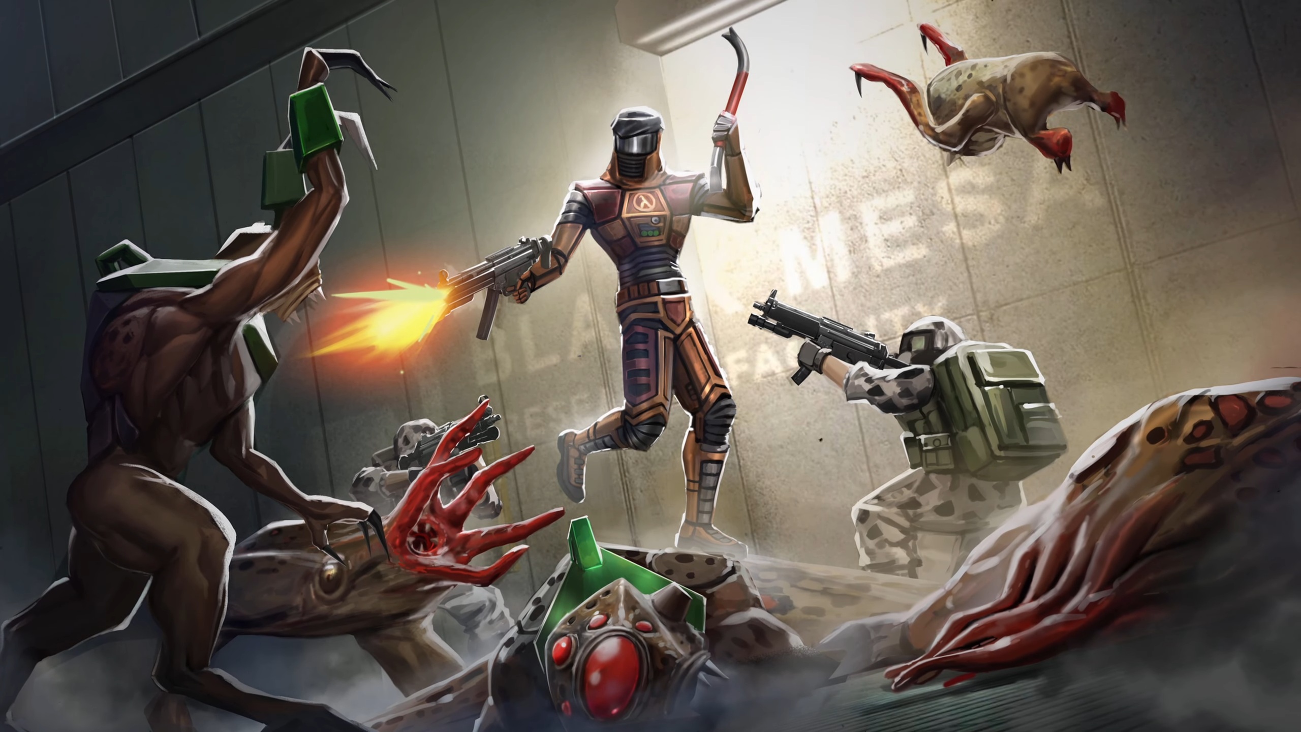 Half-Life Element 64 art showing masked Gordon Freeman blasting dudes in style of OG Doom cover art