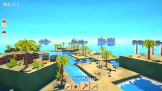 Clicker and base building game Outpath. A sunny vista of blocky islands.