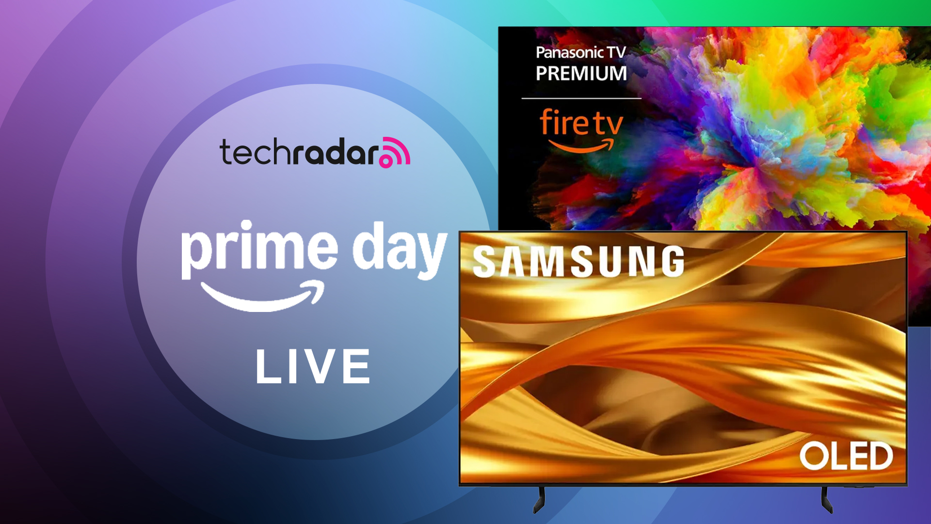Panasonic and Samsung TVs with a sign saying Prime Day Live