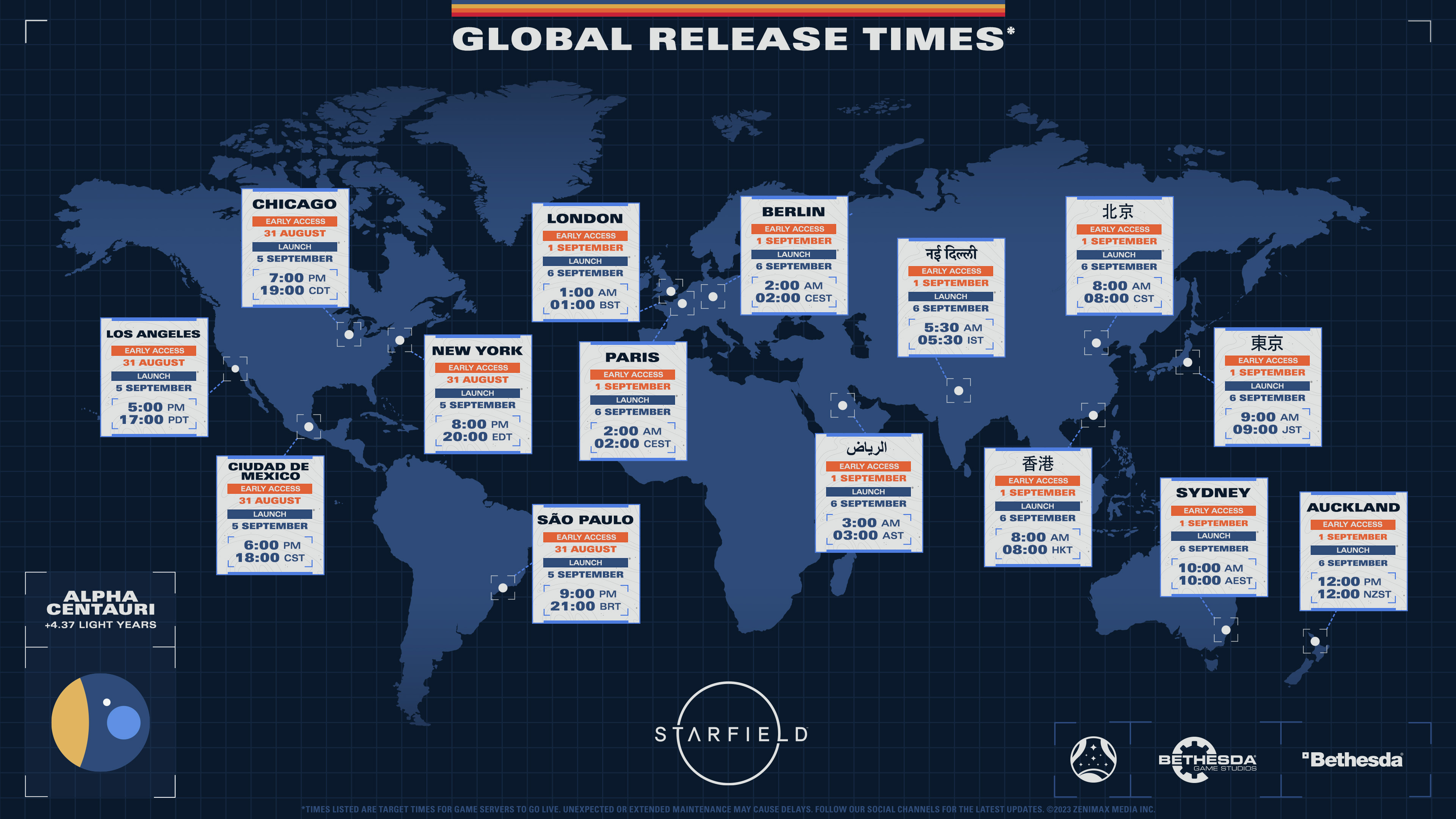 Un mapa de los tiempos de lanzamiento global de Starfield