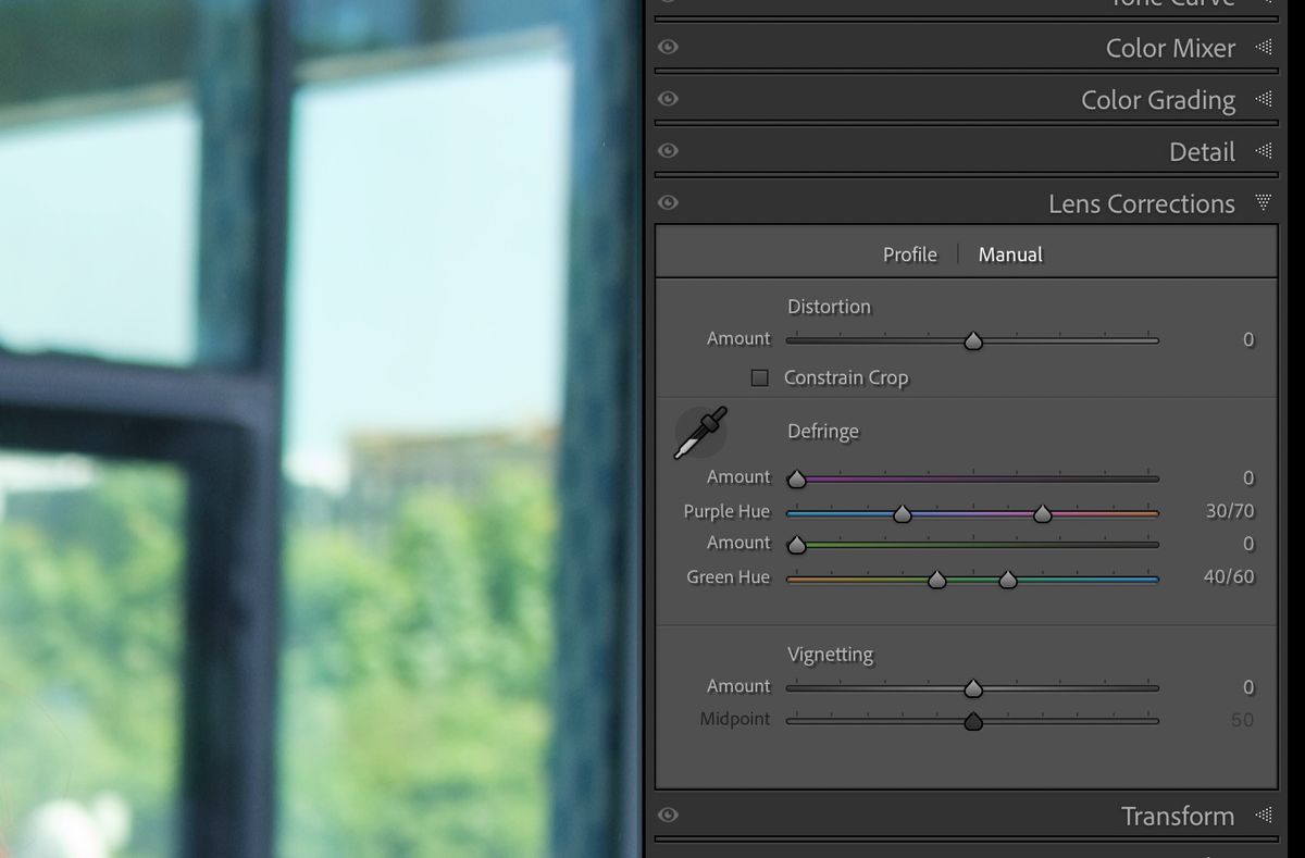 Adobe Lightroom Lens Corrections panel showing manual distortion, defringe, and vignetting controls.