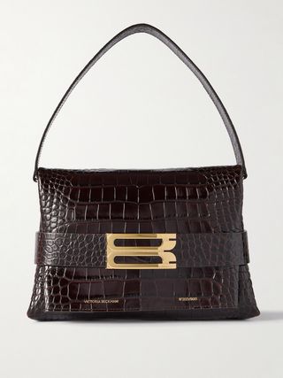 B Buckle Croc-Effect Leather Shoulder Bag