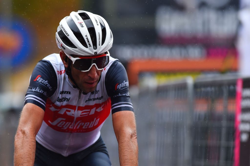 Team Trek-Segafredo rider Italy&#039;s Vincenzo Nibali reacts as he crosses the line during the 9th stage of the Giro dItalia 2020 cycling race a 208kilometer route between San Salvo and Roccaraso on October 11 2020 Photo by DARIO BELINGHERI AFP Photo by DARIO BELINGHERIAFP via Getty Images