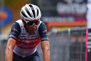 Team Trek-Segafredo rider Italy's Vincenzo Nibali reacts as he crosses the line during the 9th stage of the Giro dItalia 2020 cycling race a 208kilometer route between San Salvo and Roccaraso on October 11 2020 Photo by DARIO BELINGHERI AFP Photo by DARIO BELINGHERIAFP via Getty Images