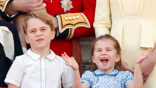 london, united kingdom june 08 embargoed for publication in uk newspapers until 24 hours after create date and time prince george of cambridge and princess charlotte of cambridge watch a flypast from the balcony of buckingham palace during trooping the colour, the queens annual birthday parade, on june 8, 2019 in london, england the annual ceremony involving over 1400 guardsmen and cavalry, is believed to have first been performed during the reign of king charles ii the parade marks the official birthday of the sovereign, although the queens actual birthday is on april 21st photo by max mumbyindigogetty images