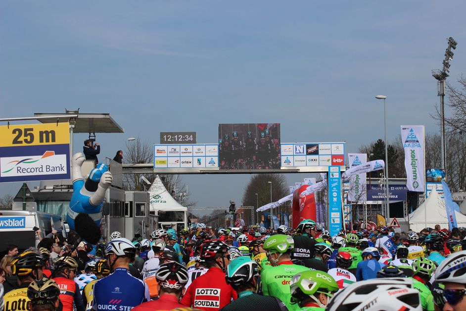 Riders line up for the start of E3-Harelbeke