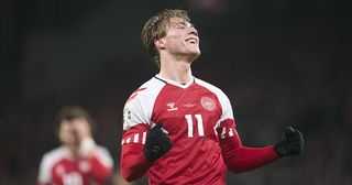 Arsenal target Rasmus Hojlund of Denmark celebrates after scoring their third goal during the UEFA EURO 2024 qualifier match between Denmark and Finland at Parken on March 23, 2023 in Copenhagen, Denmark.