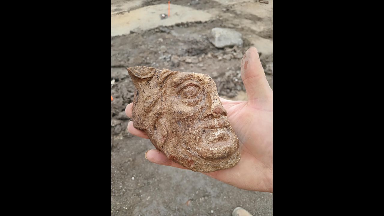 This ceramic face from a deity or Medusa &mdash; a snake-haired character supposed by the Romans to ward off evil &mdash; is thought to have been hung over the pool or basin.