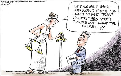 Political cartoon U.S. liberty Mueller FBI Russia investigation Trump guilty