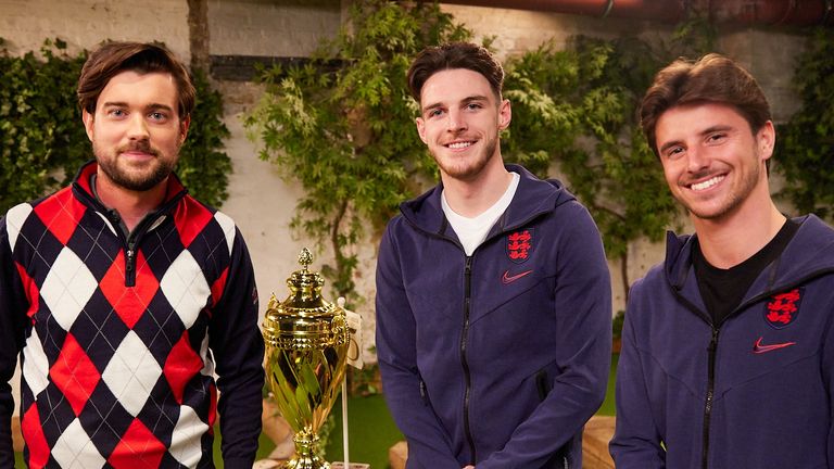 Jack Whitehall, Declan Rice and Mason Mount pose ahead of Comic Relief challenge
