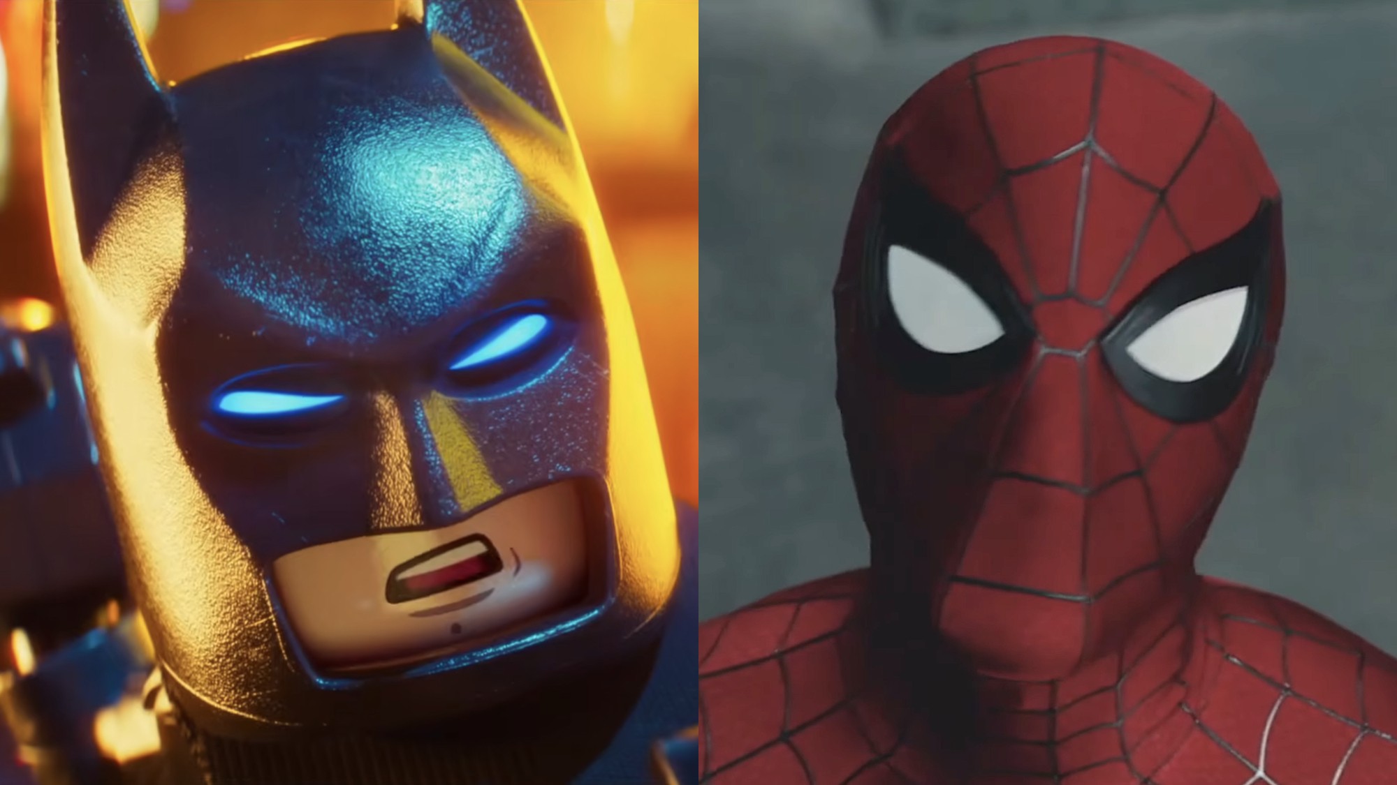 Batman (Will Arnett) speaks to the Joker in The Lego Batman Movie, while Spidey (Tom Holland) looks up in Spider-Man: Brand New Day.