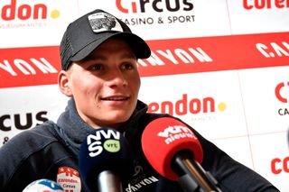 Mathieu Van der Poel (Corendon-Circus) attends a press conference on April 19 ahead of the Amstel Gold Race race in Lanaken