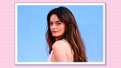 Emma Mackey wears a silver slip dress as she attends the "Barbie" European Premiere at Cineworld Leicester Square on July 12, 2023 in London, England/ in a pink template