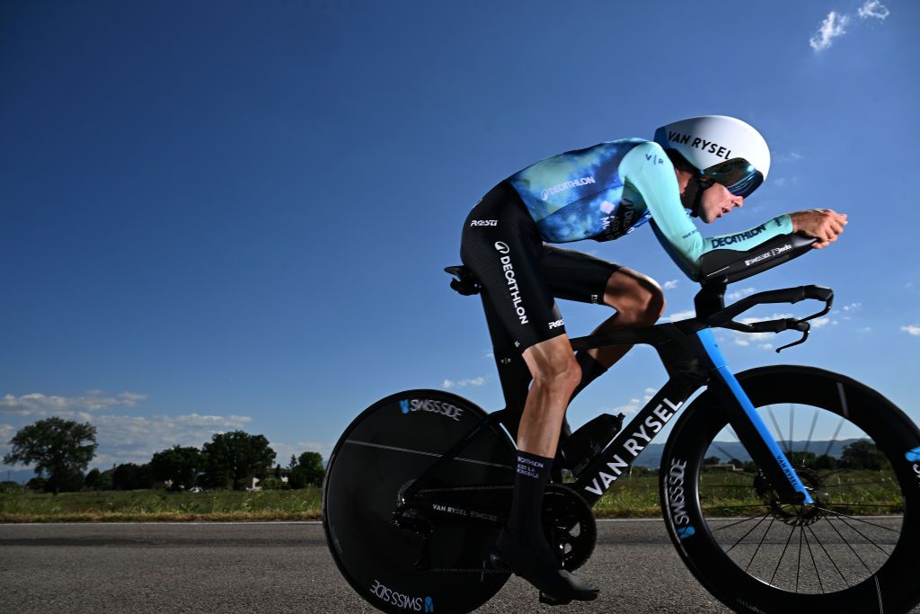 PERUGIA ITALY MAY 10 Ben OConnor of Australia and Decathlon AG2R La Mondiale Team sprints during the 107th Giro dItalia 2024 Stage 7 a 406km individual time trial stage from Foligno to Perugia 472m UCIWT on May 10 2024 in Perugia Italy Photo by Tim de WaeleGetty Images
