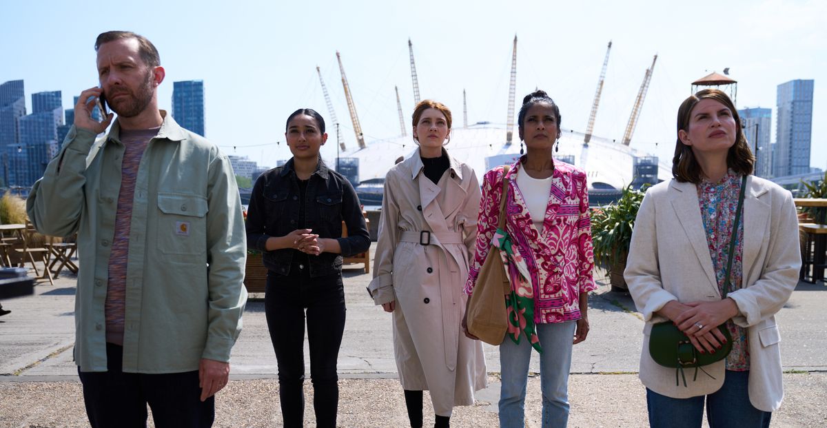 Tim Downie as Richard Manners, Rochelle Harrington as Natalie Grey, Emily Carey as Harriet Manners, Hersha Verity as Maia and Jemima Rooper as Annabel Manners in Geek Girl episode 3