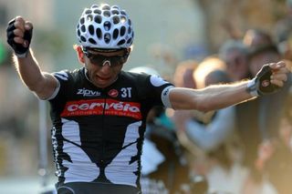 Spain's Xavier Tondo celebrates on the finish line as he wins the sixth stage of the 2010 Paris-Nice