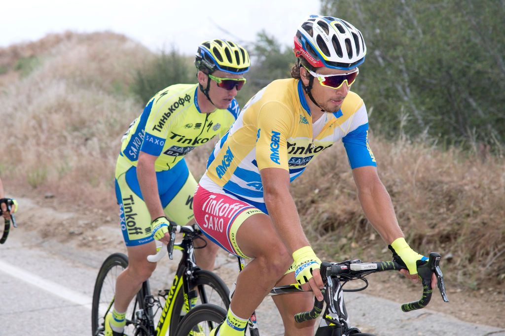 Tinkoff-Saxo&rsquo;s Peter Sagan &ndash; in the leader's yellow-and-blue jersey on stage 7 &ndash; races to what would eventually be the overall title at the 2015 Tour of California