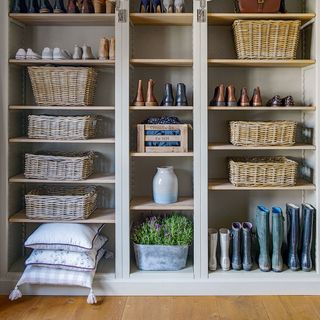 boot room with open storage shelves
