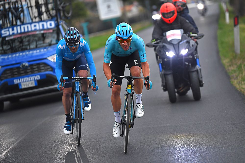 Jose Joaquin Rojas and Davide Ballerini try to make it to the line near the end of stage 6 at Tirreno-Adriatico