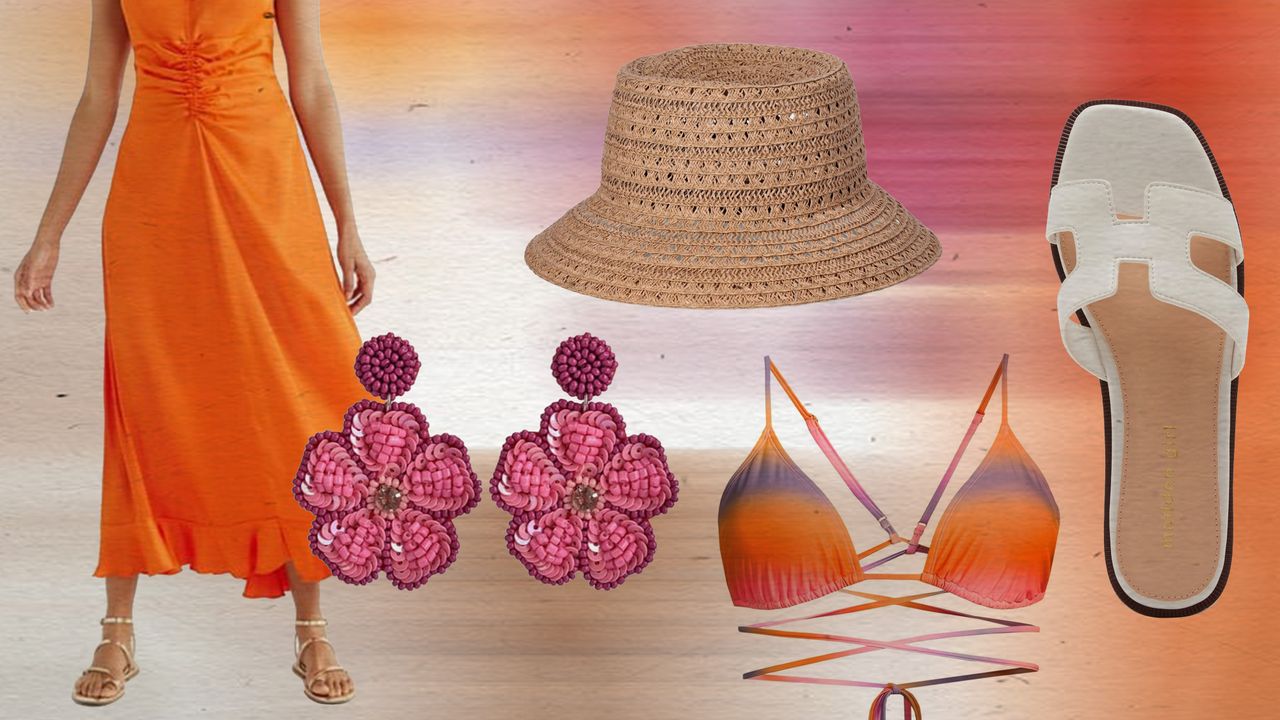 Photo collage of earrings, dress, hat, and sandals