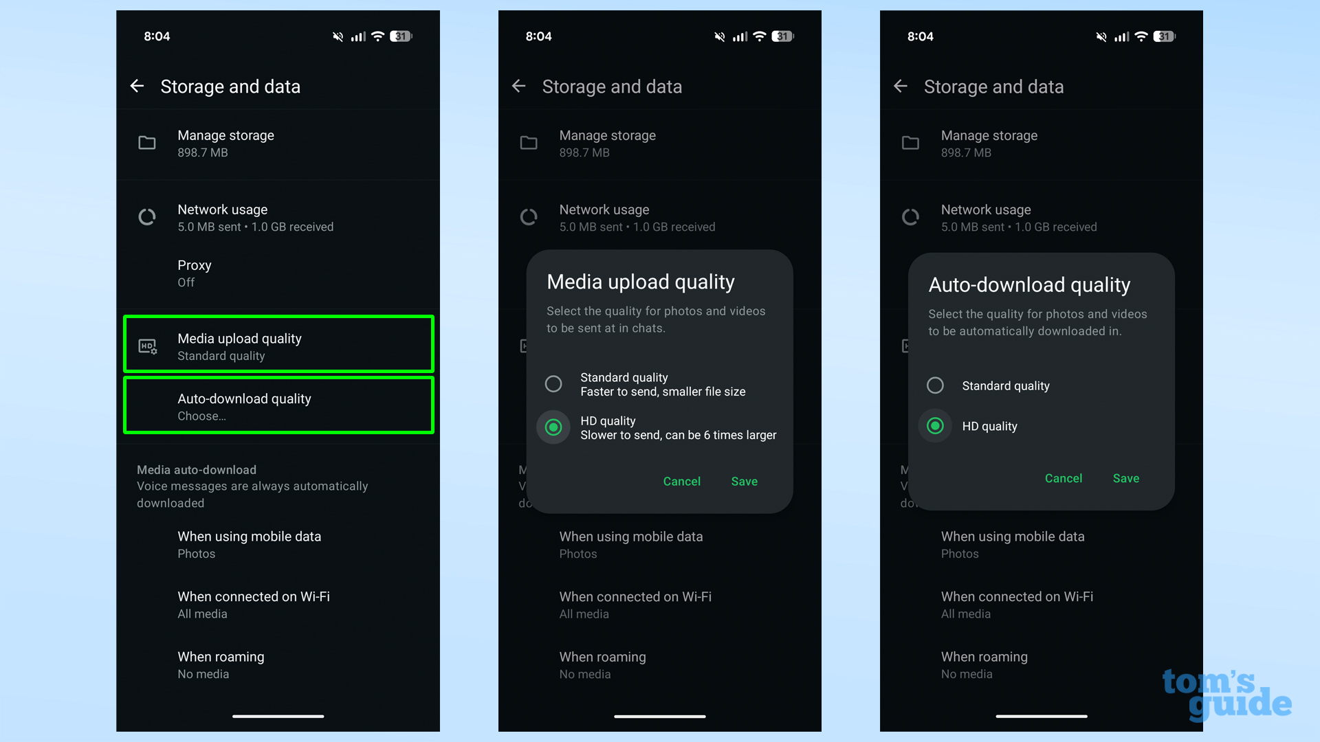Screenshots showing how to enable high quality images by default on WhatsApp