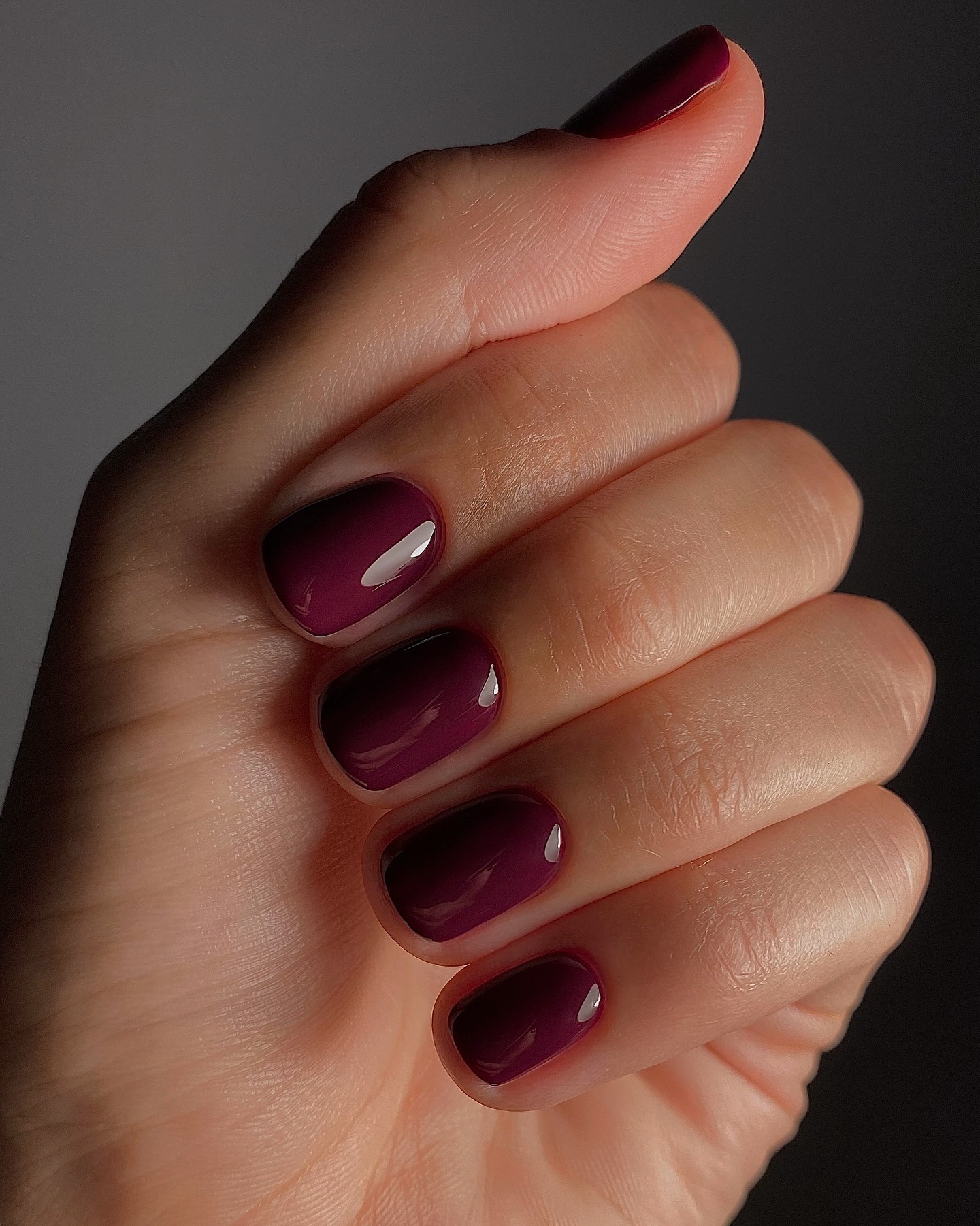 A close-up picture of aubergine nails