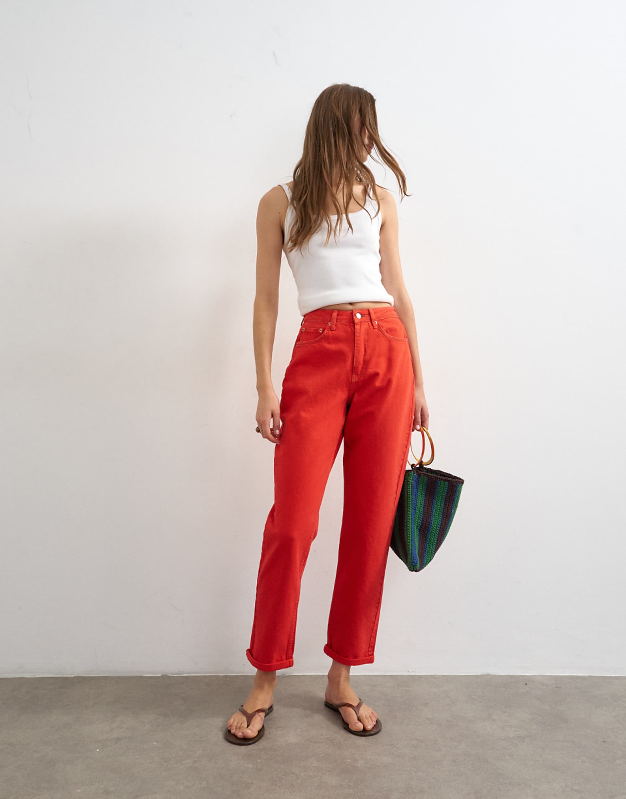 Topshop Mom High Rise Loose Fit Jean in Red