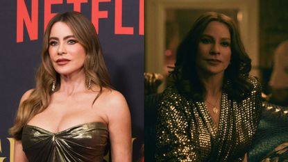 Image of Sofia Vergara at a premiere next to an image of her full make up for Netflix's Griselda