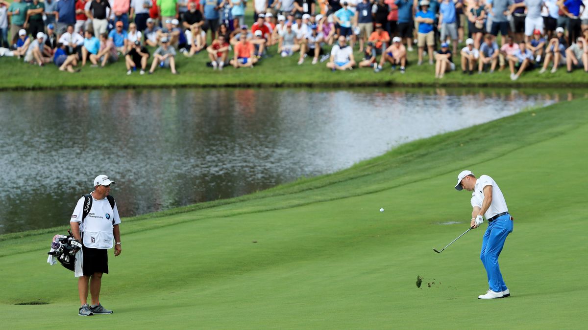 MEDINAH, ILLINOIS - AUGUST 18: Justin Thomas of the United States plays his second shot on the 15th hole during the final round of the BMW Championship at Medinah Country Club No. 3 on August 18, 2019 in Medinah, Illinois.