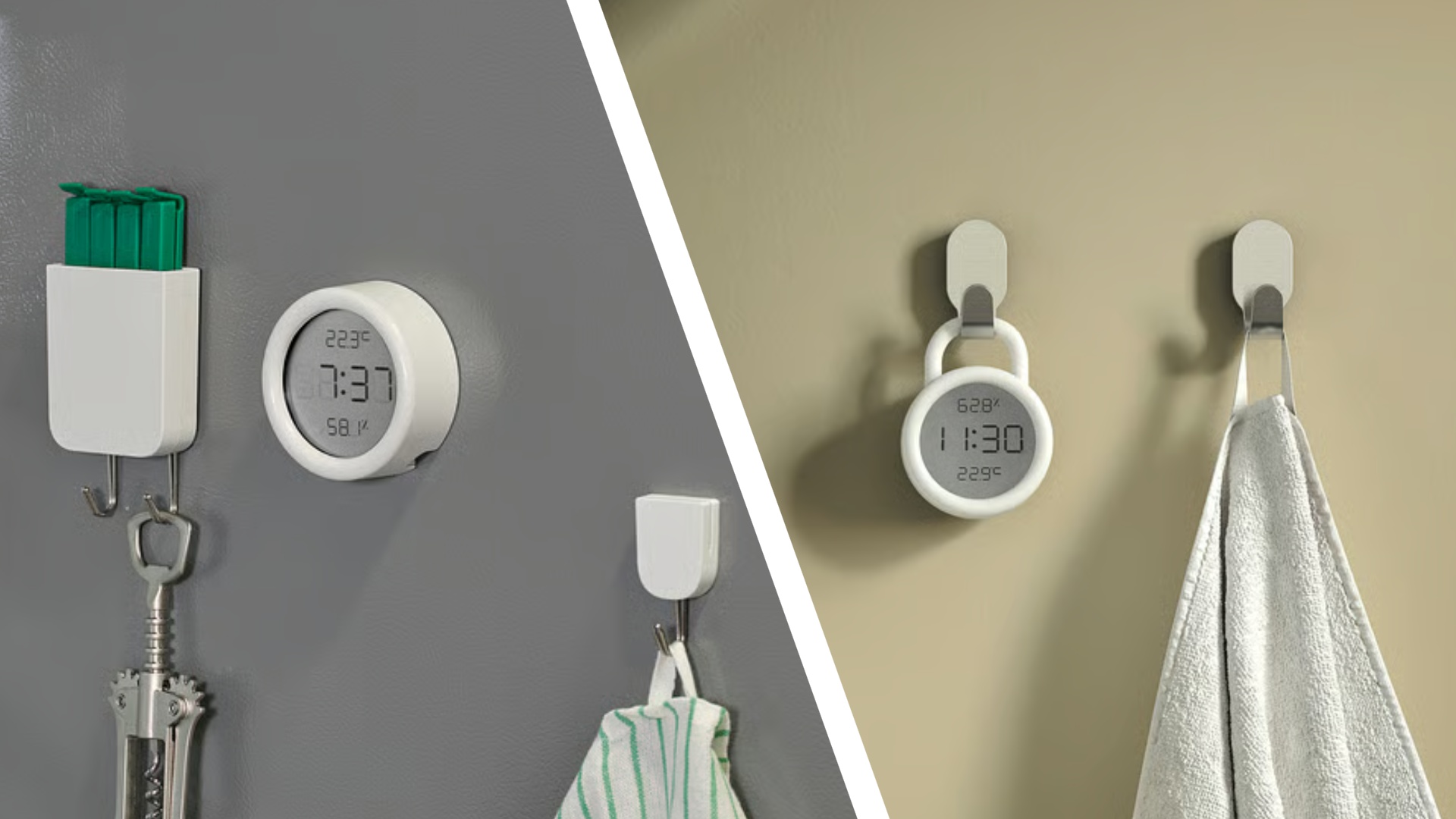 IKEA's new clock, temperature, and humidity display on a fridge and in a bathroom