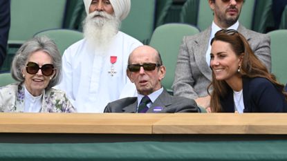 Katharine, Duchess of Kent, Rajinder Singh MBE, Prince Edward, Duke of Kent and Catherine, Duchess of Cambridge attend Wimbledon Championships Tennis Tournament at All England Lawn Tennis and Croquet Club on July 02, 2021 in London, England.