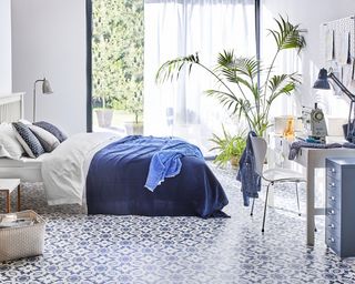 Teenage girl bedroom ideas: Blue and white bedroom scheme with luxury vinyl tile by Carpetright
