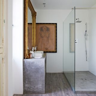 shower room with wooden flooring and photoframe on white wall