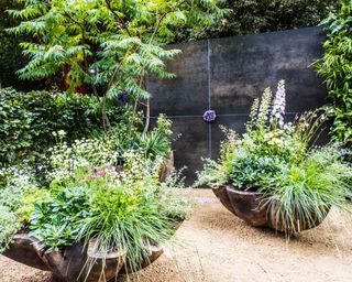containers planted with grasses and perennials on sand