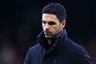 Mikel Arteta of Arsenal looks on prior to the Premier League match between Fulham FC and Arsenal FC at Craven Cottage on December 31, 2023 in London, England.