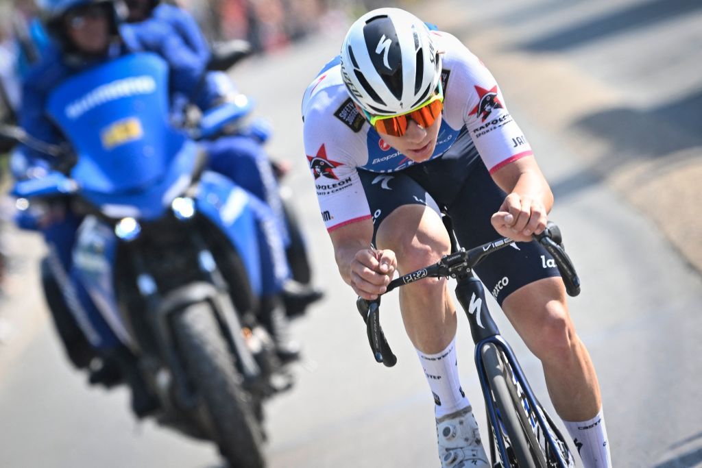 Belgian Remco Evenepoel of QuickStep Alpha Vinyl pictured in action during the LiegeBastogneLiege one day cycling race 2575km from Liege to Liege Sunday 24 April 2022 in Liege BELGA PHOTO ERIC LALMAND Photo by ERIC LALMAND BELGA MAG Belga via AFP Photo by ERIC LALMANDBELGA MAGAFP via Getty Images