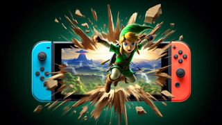 Link jumping through the screen of a Nintendo Switch console surrounded by debris