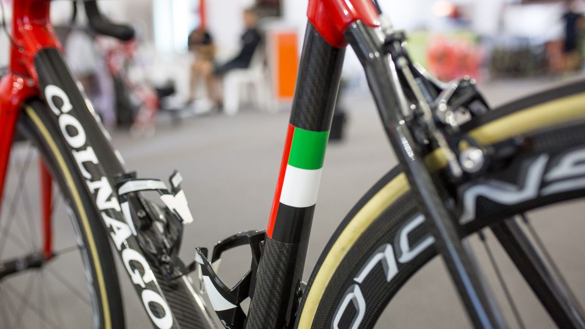 While Swift's bike is very Italian, the seat tube features the UAE's colors