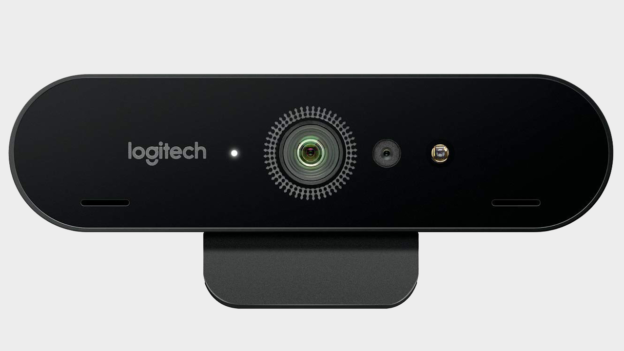 Logitech Brio webcam pictured with stand.