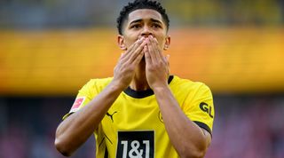 Jude Bellingham of Borussia Dortmund blows a kiss to the crowd after the Bundesliga match between Borussia Dortmund and Mainz at Signal Iduna Park on May 27, 2023 in Dortmund, Germany.