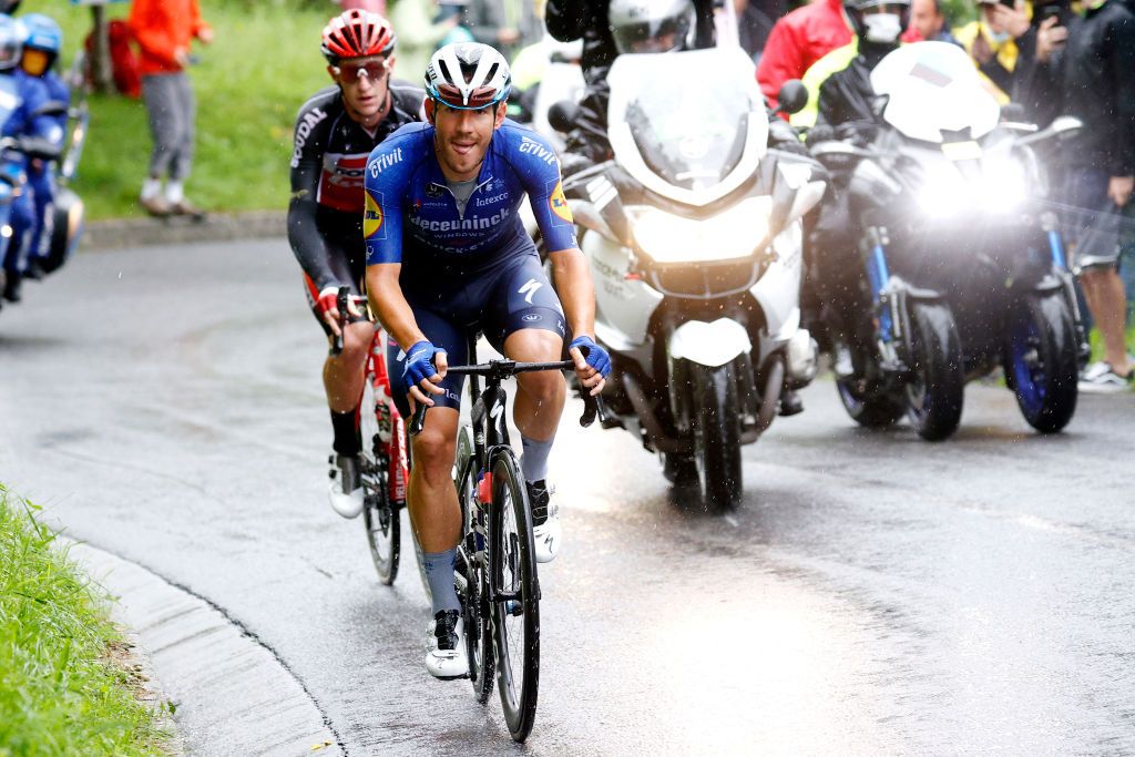 TIGNES FRANCE JULY 04 Davide Ballerini of Italy and Team Deceuninck QuickStep Harry Sweeny of Australia and Team Lotto Soudal in breakaway during the 108th Tour de France 2021 Stage 9 a 1449km stage from Cluses to Tignes Monte de Tignes 2107m LeTour TDF2021 on July 04 2021 in Tignes France Photo by Chris GraythenGetty Images