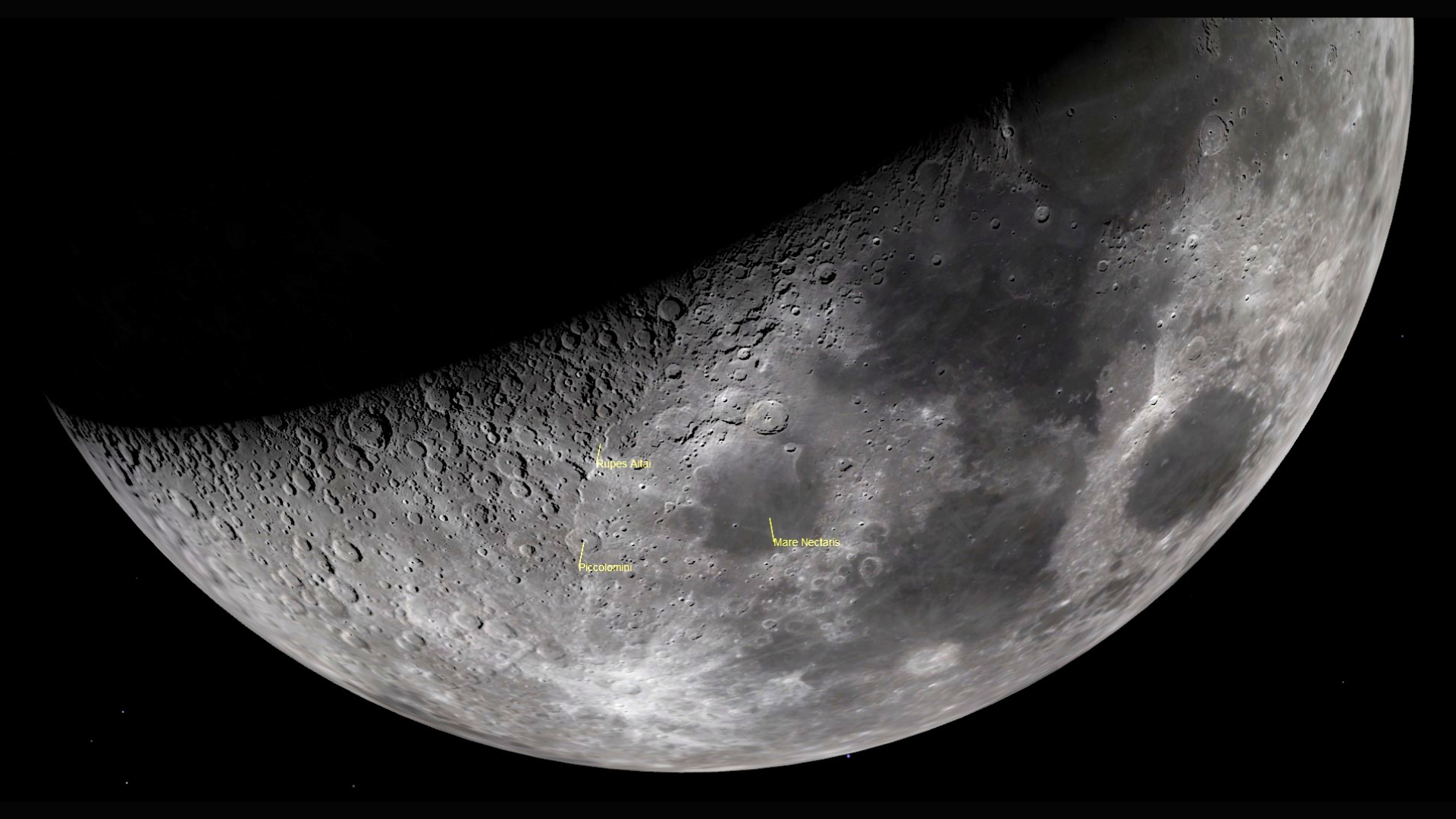 A close up of the moon in space, its bottom half illuminated, showing circular craters and dark maria. Labeled yellow dots show features like Rupes Altai