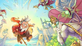 Key art from The Eternal Life of Goldman showing Goldman, an aging white-haired adventurer with a cane, leaping in front of a tropical backdrop framed by mythical enemies