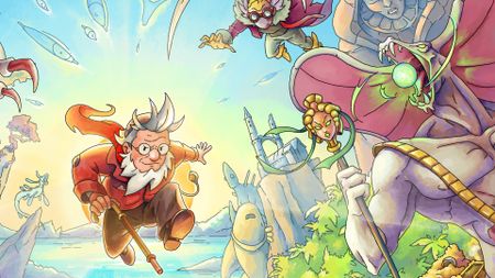 Key art from The Eternal Life of Goldman showing Goldman, an aging white-haired adventurer with a cane, leaping in front of a tropical backdrop framed by mythical enemies